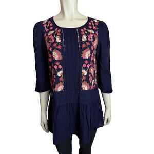 Anthropologie Floreat navy blouse floral embroidery size 6